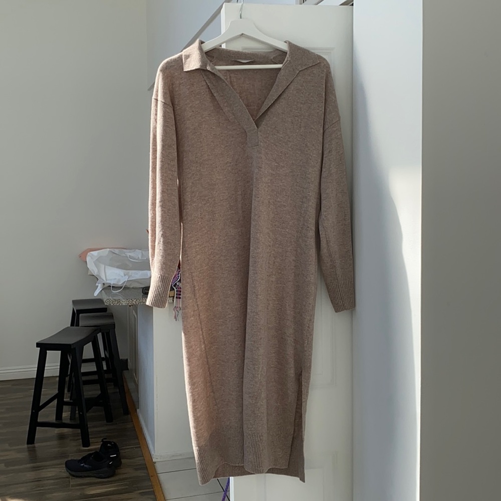 Everlane cashmere polo midi dress tan beige